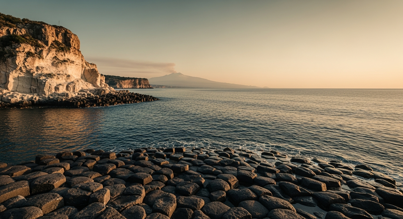 Deep Aegean water breaking against the volcanic basalt coast of eastern Sicily, Etna smoke plume visible in the far distance under warm morning light